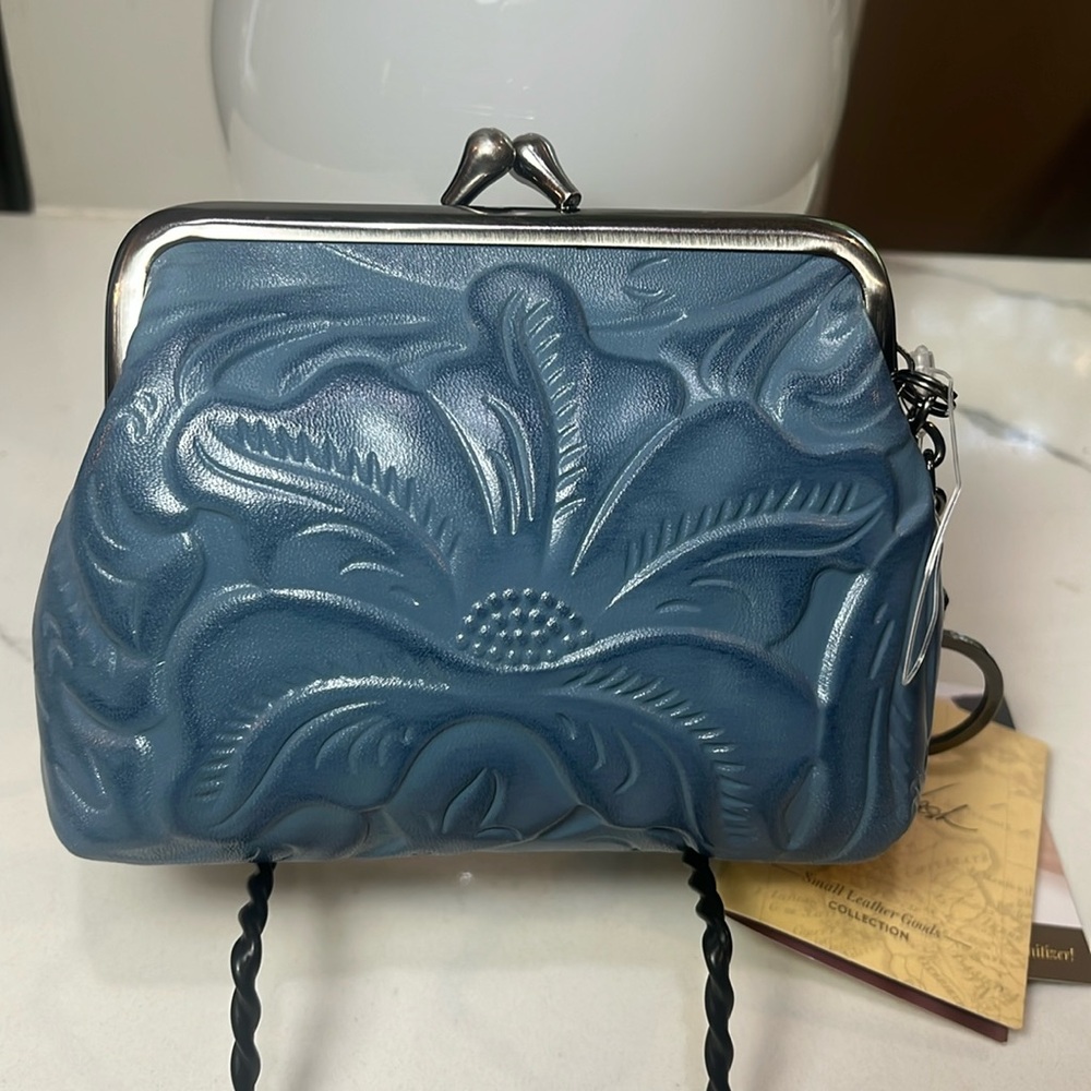 Patricia Nash SAFFLOWER BLUE Large Borse Tooled Leather Coin Bag/Key Fob NWT - Picture 5 of 11